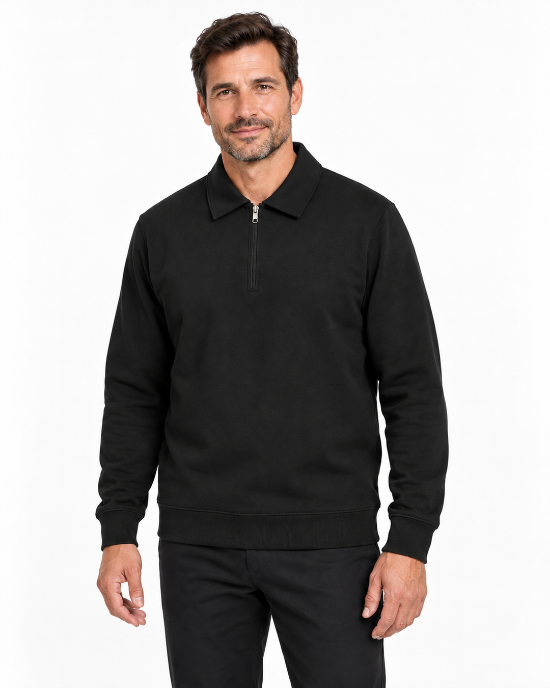 Sitztgut Herren-Polokragenpullover aus Sweatstoff mit kurzem Reißverschluss – Schwarz – Herrenmodel, Hauptbild