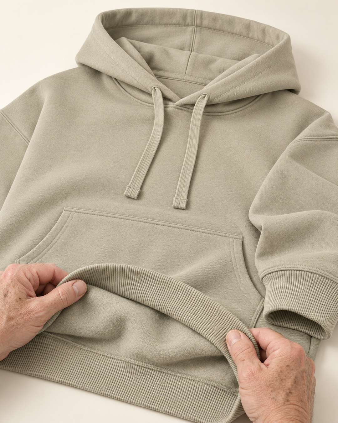 Sitztgut Unisex-Hoodie aus Baumwolle, Oversized Fit – Stone – Materialdetail