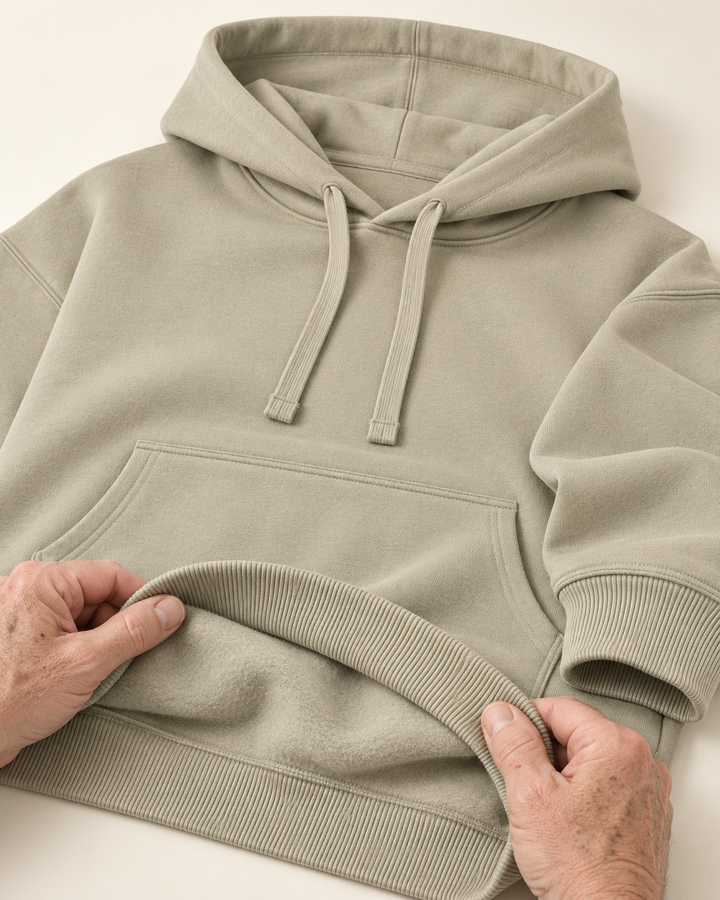 Sitztgut Unisex-Hoodie aus Baumwolle, Oversized Fit – Stone – Materialdetail