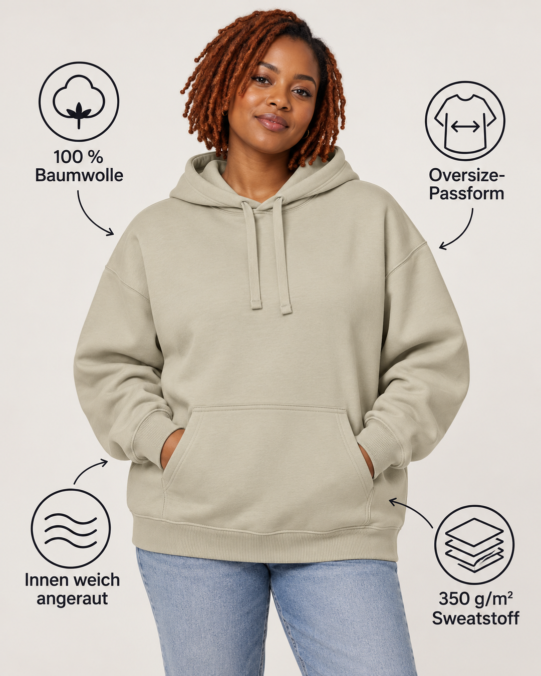 Sitztgut Unisex-Hoodie aus Baumwolle, Oversized Fit – Stone – Produktdetails