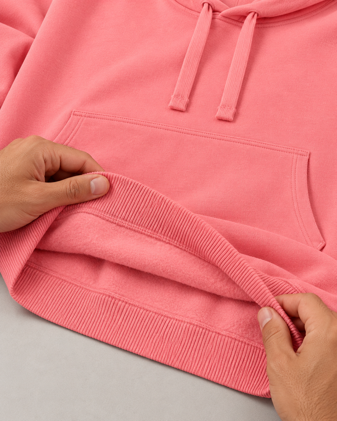 Sitztgut Unisex-Hoodie aus Baumwolle, Oversized Fit – Pink Joy – Materialdetail