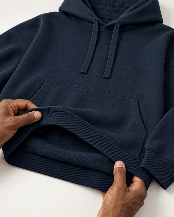 Sitztgut Unisex-Hoodie aus Baumwolle, Oversized Fit – Marineblau – Materialdetail
