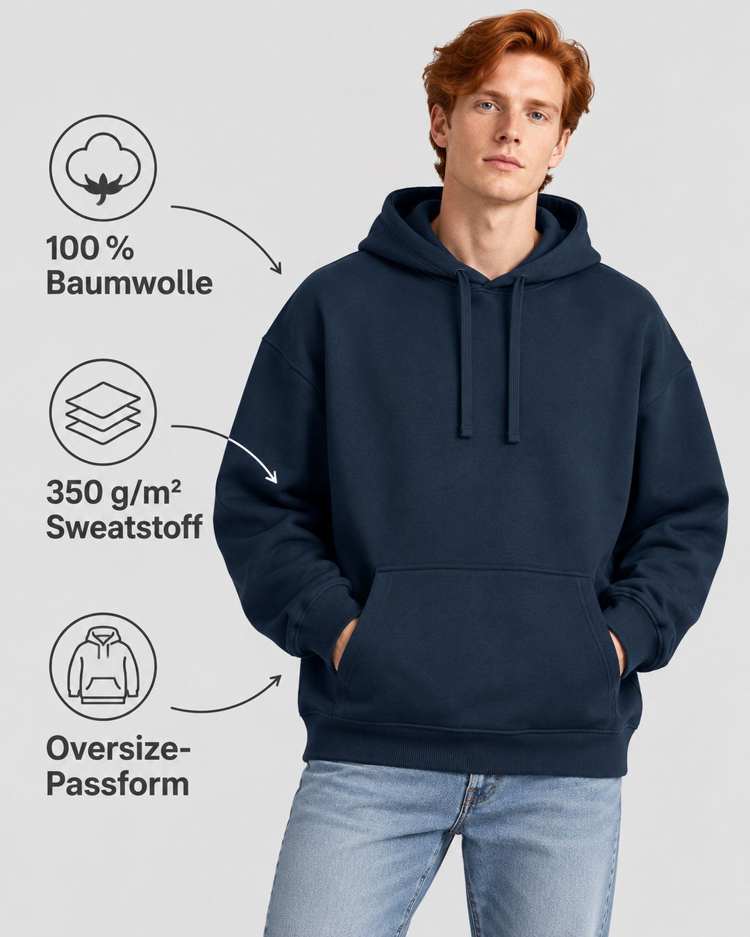 Sitztgut Unisex-Hoodie aus Baumwolle, Oversized Fit – Marineblau – Produktdetails