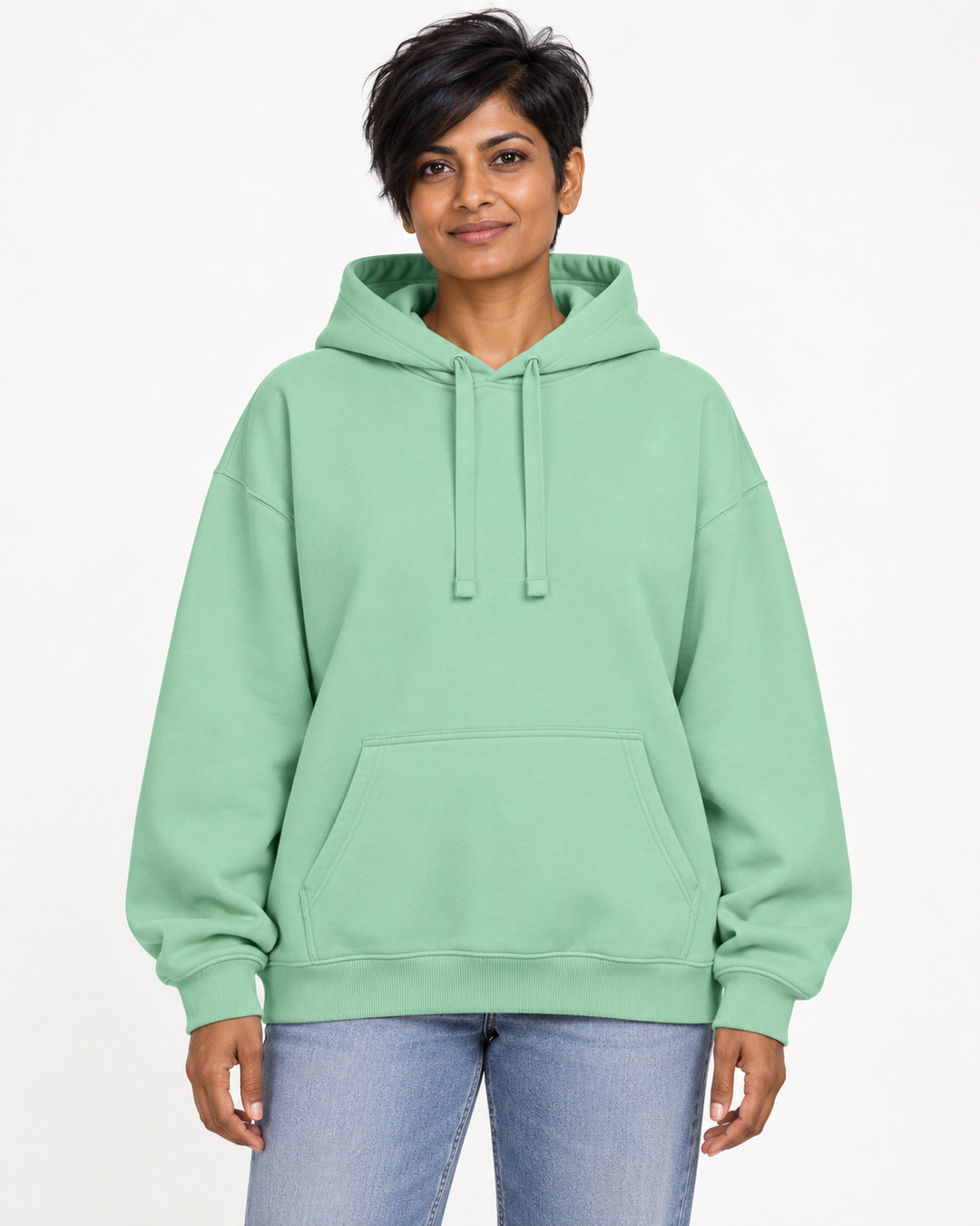 Sitztgut Unisex-Hoodie aus Baumwolle, Oversized Fit – Misty Jade – Vorderansicht