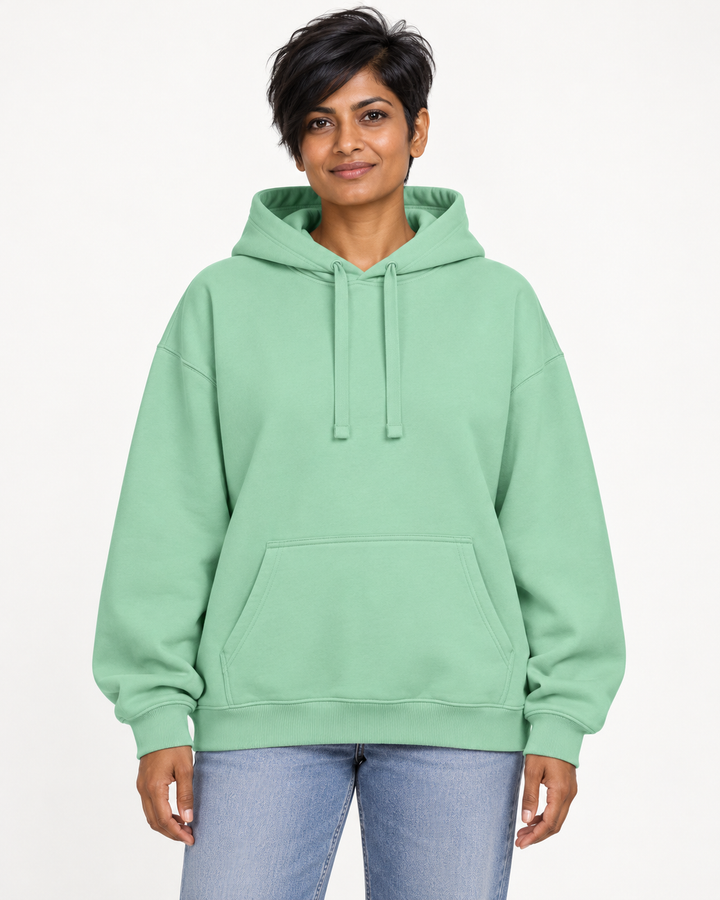 Sitztgut Unisex-Hoodie aus Baumwolle, Oversized Fit – Misty Jade – Vorderansicht
