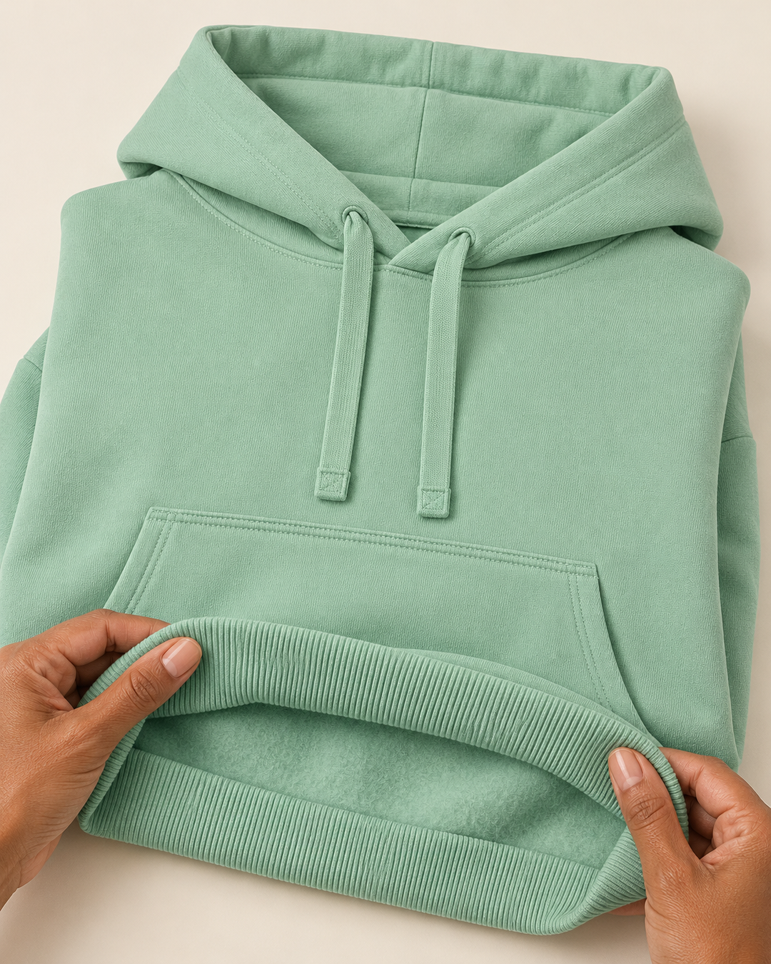 Sitztgut Unisex-Hoodie aus Baumwolle, Oversized Fit – Misty Jade – Materialdetail