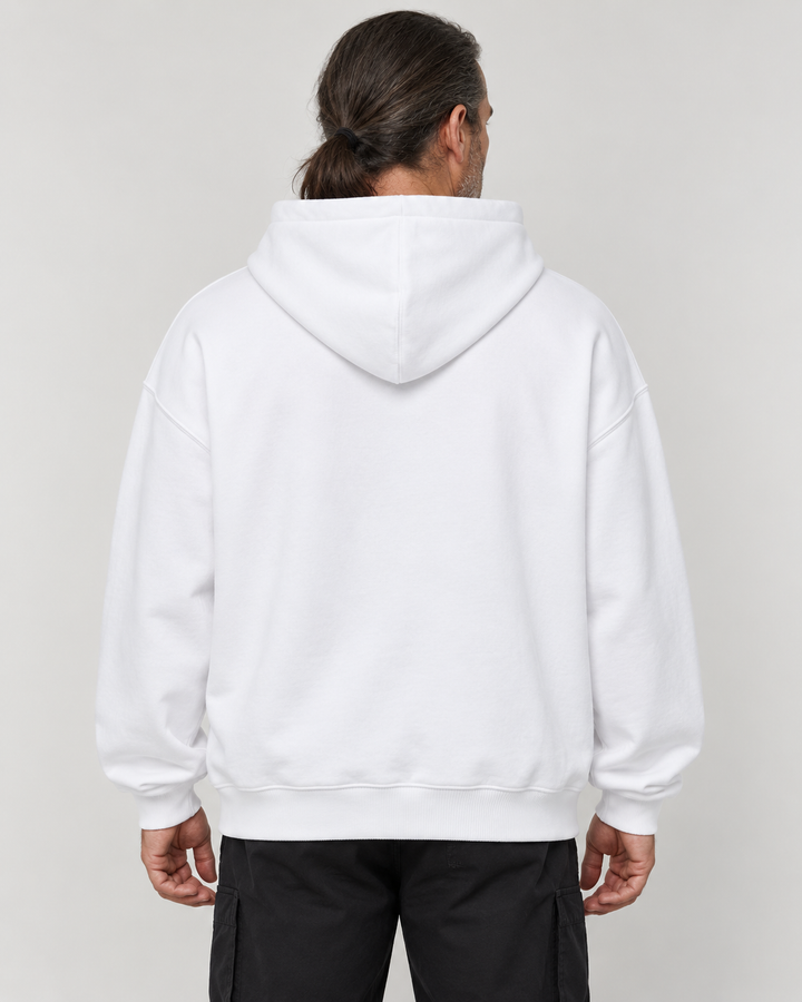 Sitztgut Unisex-Hoodie aus Baumwolle, Oversized Fit – Weiß – Rückenansicht