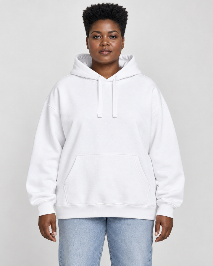 Sitztgut Unisex-Hoodie aus Baumwolle, Oversized Fit – Weiß – Vorderansicht