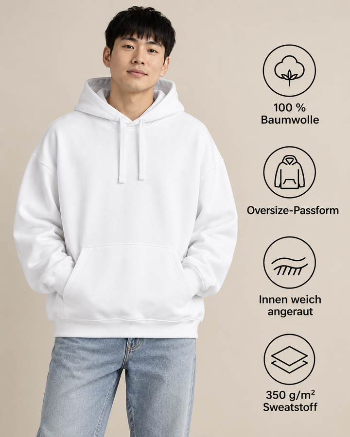Sitztgut Unisex-Hoodie aus Baumwolle, Oversized Fit – Weiß – Produktdetails