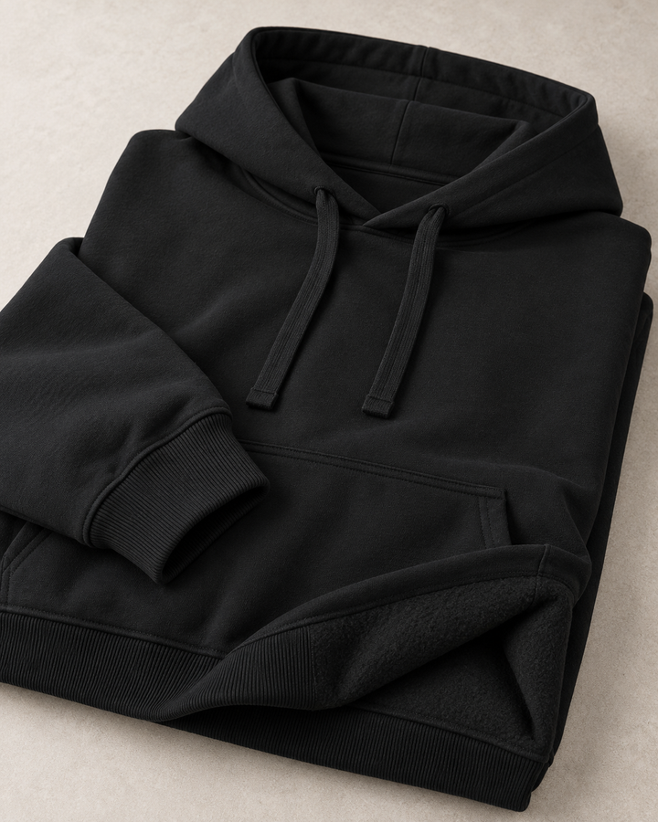 Sitztgut Unisex-Hoodie aus Baumwolle, Oversized Fit – Schwarz – Materialdetail