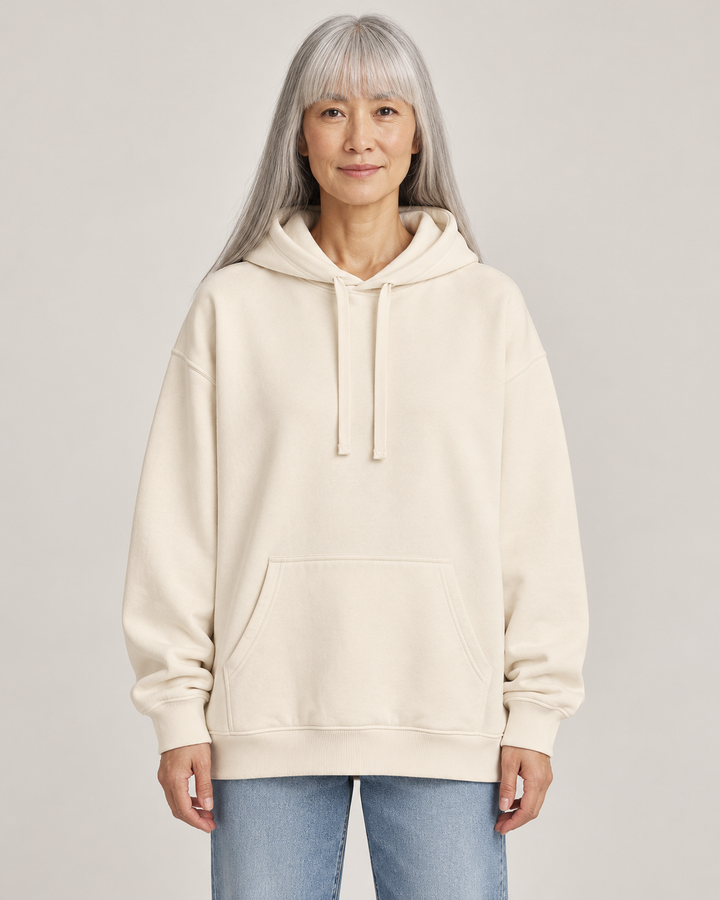 Sitztgut Unisex-Hoodie aus Baumwolle, Oversized Fit – Natur – Vorderansicht