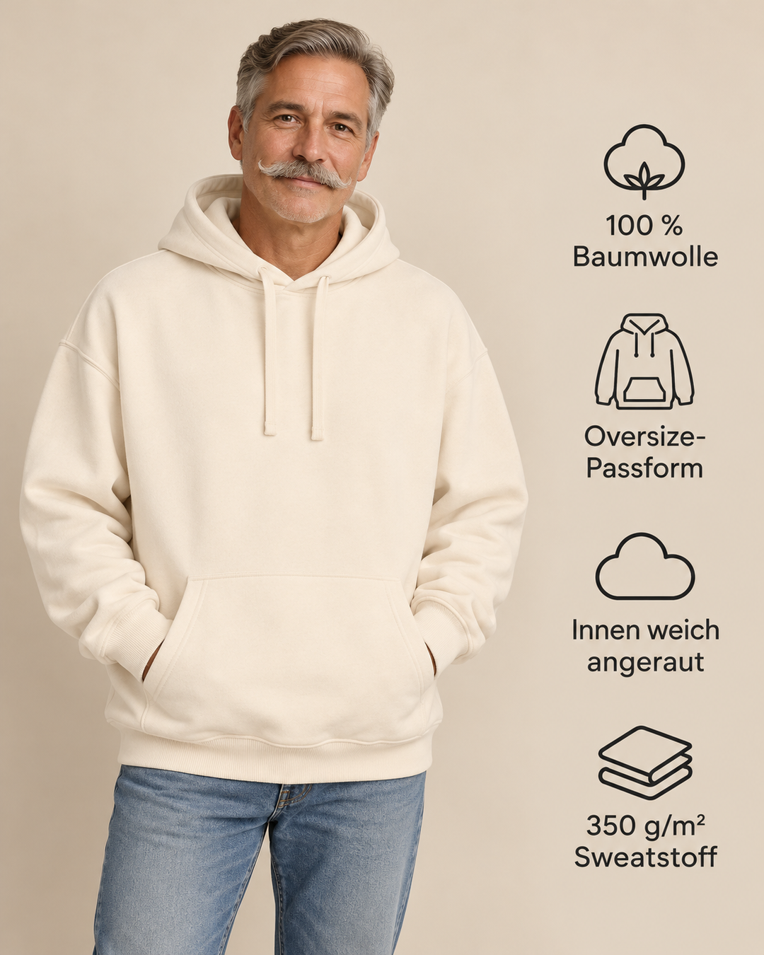 Sitztgut Unisex-Hoodie aus Baumwolle, Oversized Fit – Natur – Produktdetails