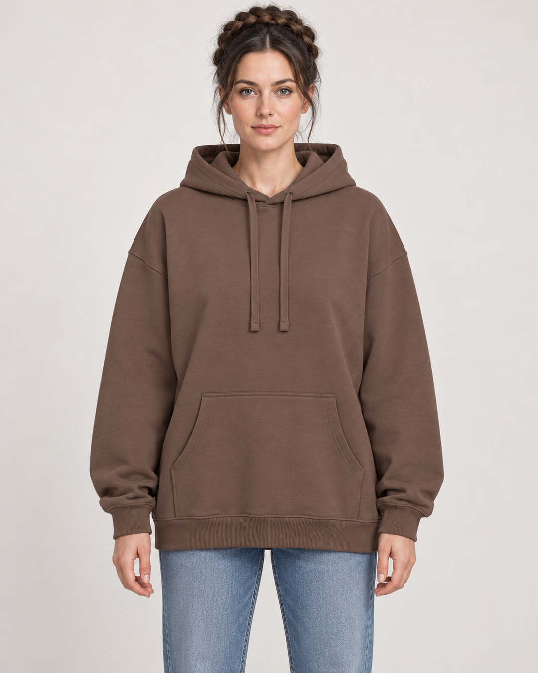 Sitztgut Unisex-Hoodie aus Baumwolle, Oversized Fit – Mocha – Vorderansicht