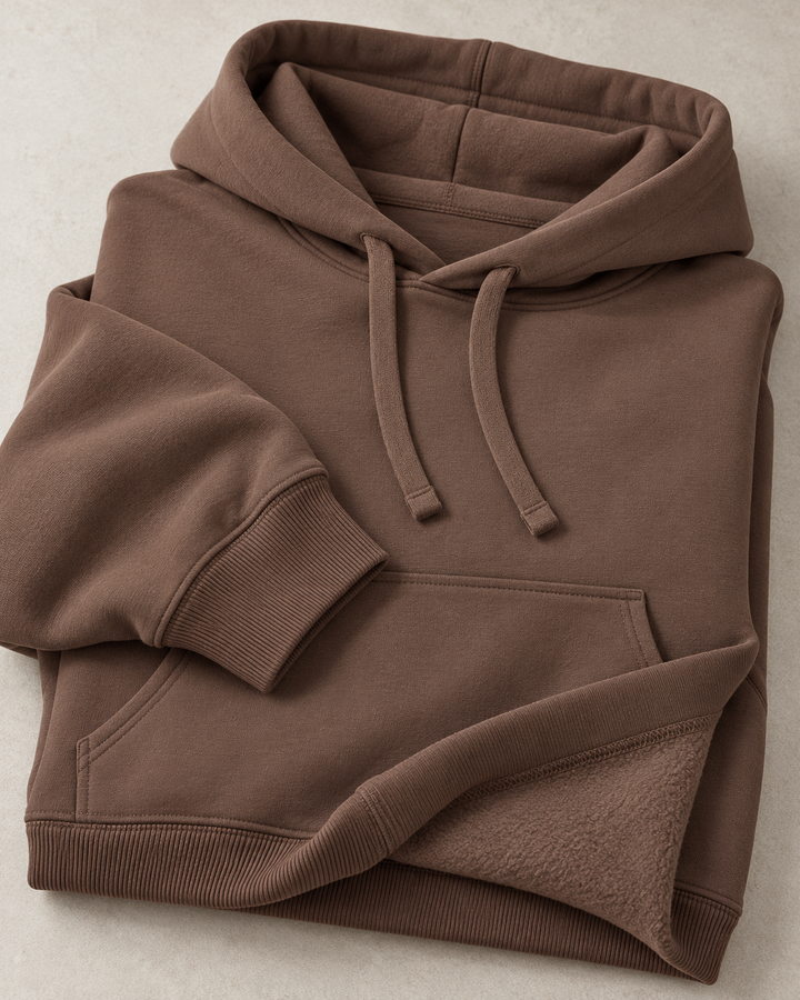 Sitztgut Unisex-Hoodie aus Baumwolle, Oversized Fit – Mocha – Materialdetail