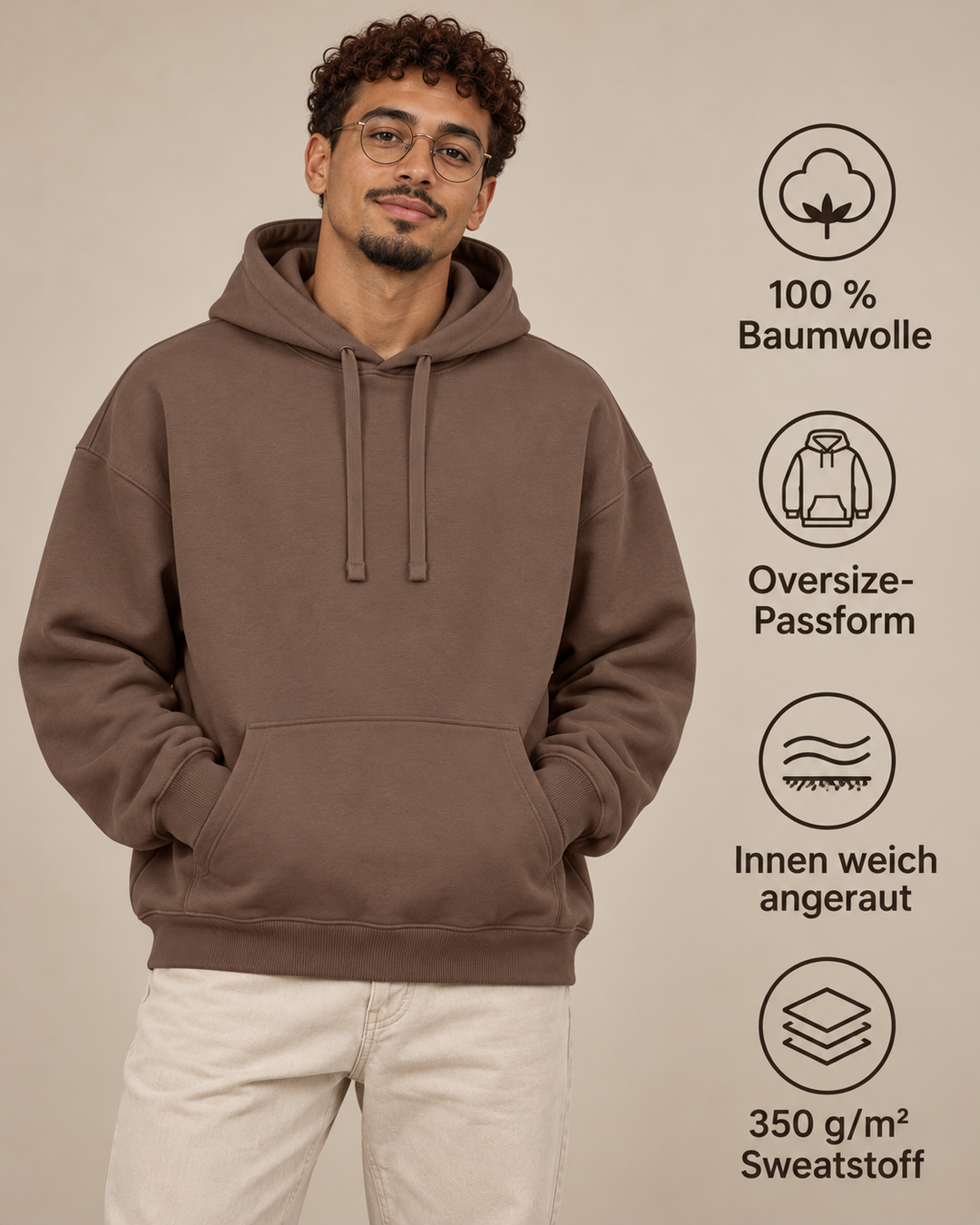 Sitztgut Unisex-Hoodie aus Baumwolle, Oversized Fit – Mocha – Produktdetails