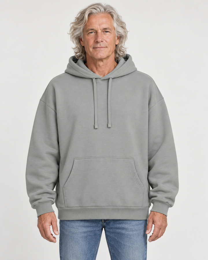 Sitztgut Unisex-Hoodie aus Baumwolle, Oversized Fit – Misty Grey – Vorderansicht