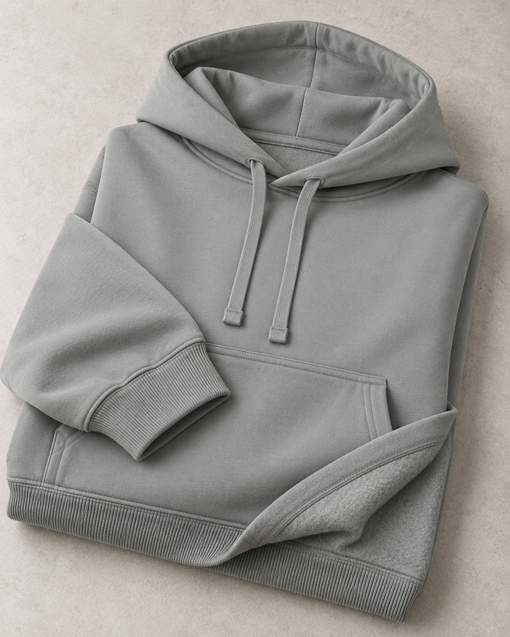 Sitztgut Unisex-Hoodie aus Baumwolle, Oversized Fit – Misty Grey – Materialdetail
