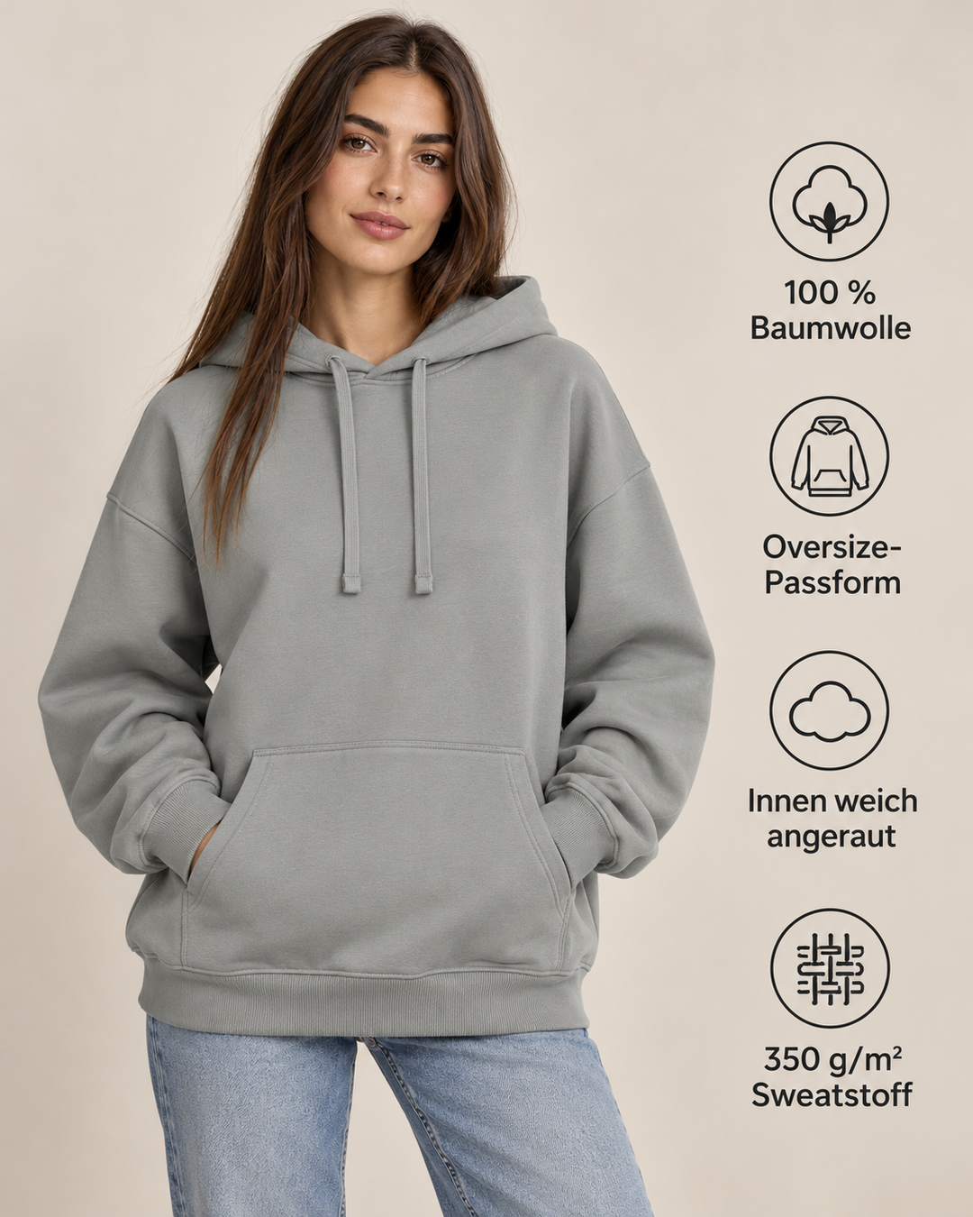 Sitztgut Unisex-Hoodie aus Baumwolle, Oversized Fit – Misty Grey – Produktdetails