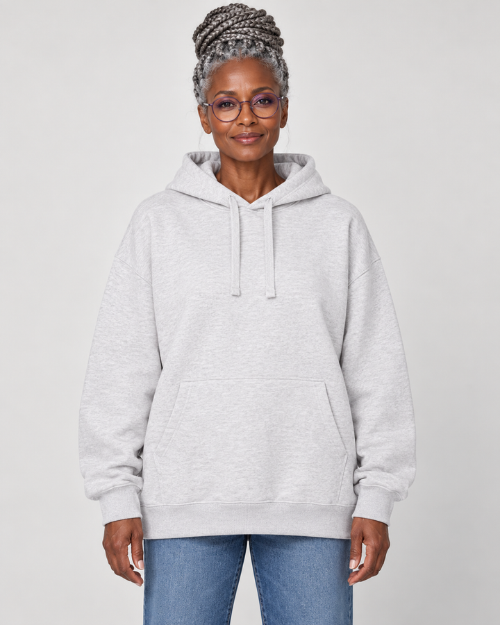 Sitztgut Unisex-Hoodie aus Baumwolle, Oversized Fit – Hellgrau meliert (Cool Heather Grey) – Vorderansicht