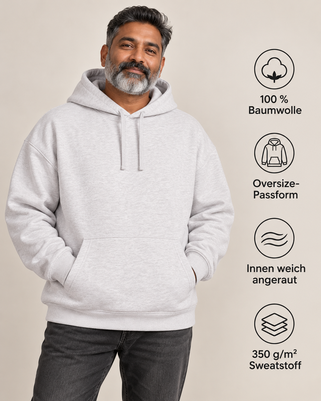 Sitztgut Unisex-Hoodie aus Baumwolle, Oversized Fit – Hellgrau meliert (Cool Heather Grey) – Produktdetails