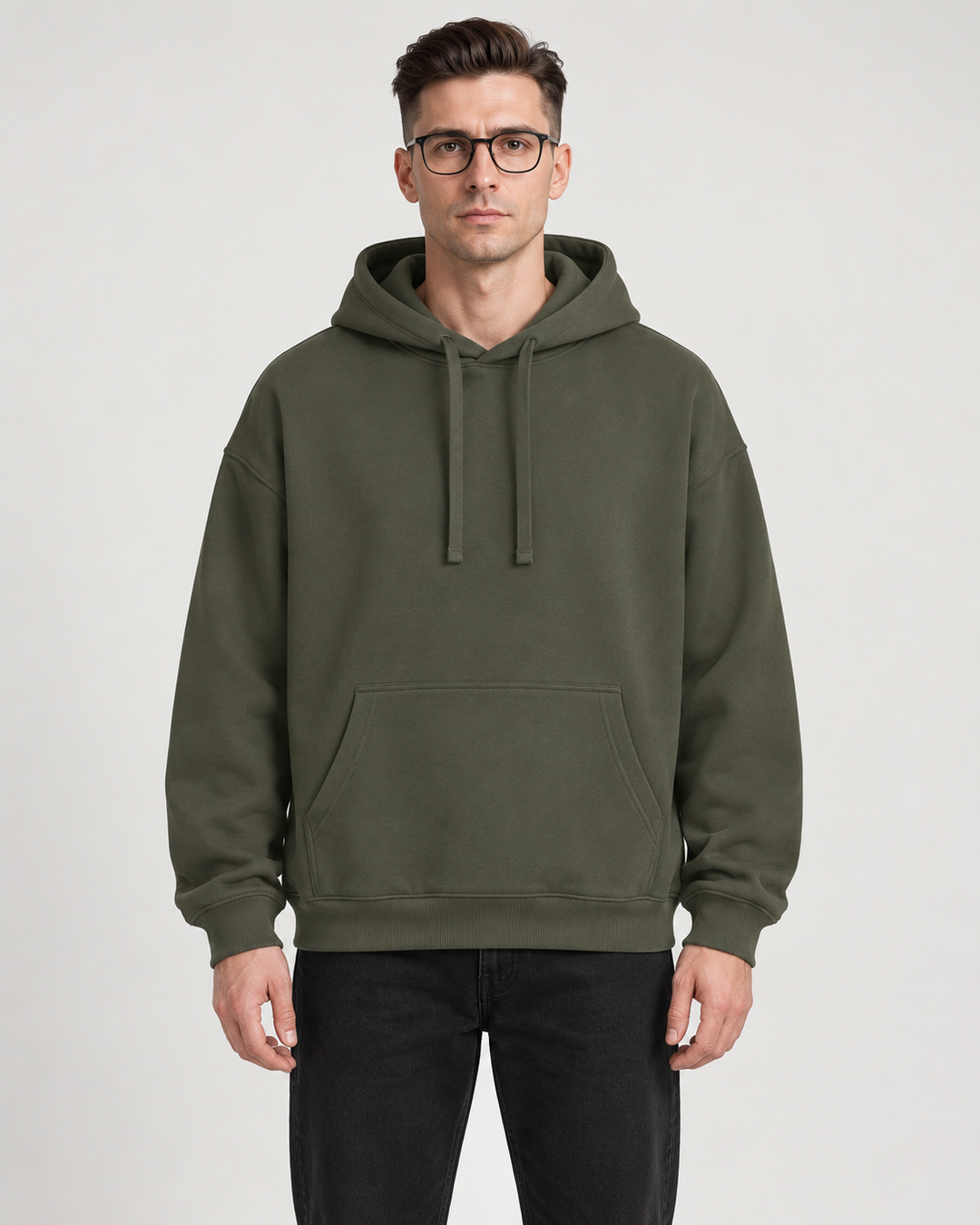 Sitztgut Unisex-Hoodie aus Baumwolle, Oversized Fit – Khaki – Vorderansicht