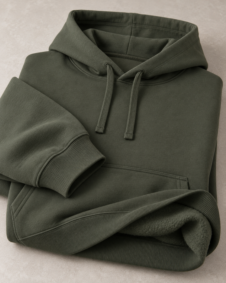 Sitztgut Unisex-Hoodie aus Baumwolle, Oversized Fit – Khaki – Materialdetail