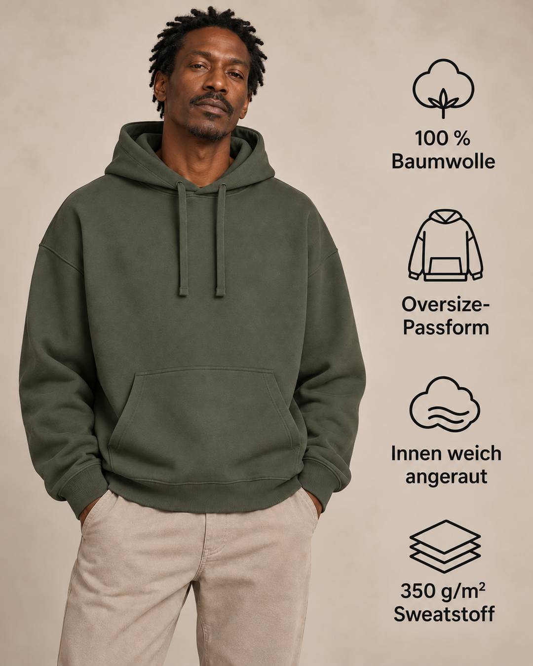 Sitztgut Unisex-Hoodie aus Baumwolle, Oversized Fit – Khaki – Produktdetails