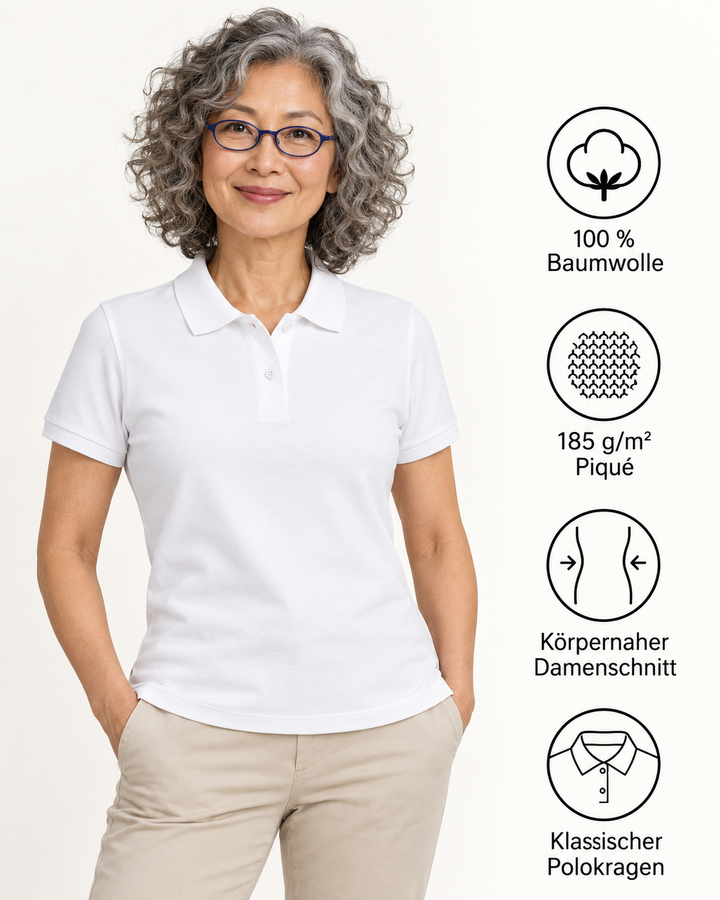 Sitztgut Damen-Poloshirt aus Baumwoll-Piqué, 185 g/m² – Weiß – Produktdetails