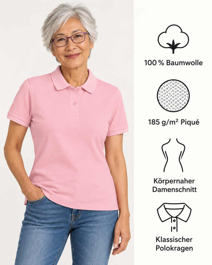 Sitztgut Damen-Poloshirt aus Baumwoll-Piqué, 185 g/m² – Cotton Pink – Produktdetails