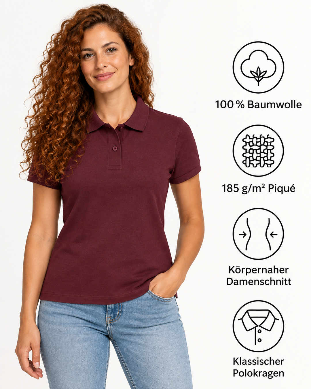 Sitztgut Damen-Poloshirt aus Baumwoll-Piqué, 185 g/m² – Deep Plum – Produktdetails
