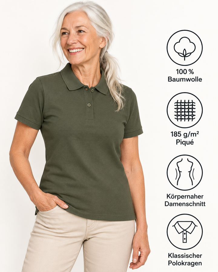 Sitztgut Damen-Poloshirt aus Baumwoll-Piqué, 185 g/m² – Khaki – Produktdetails