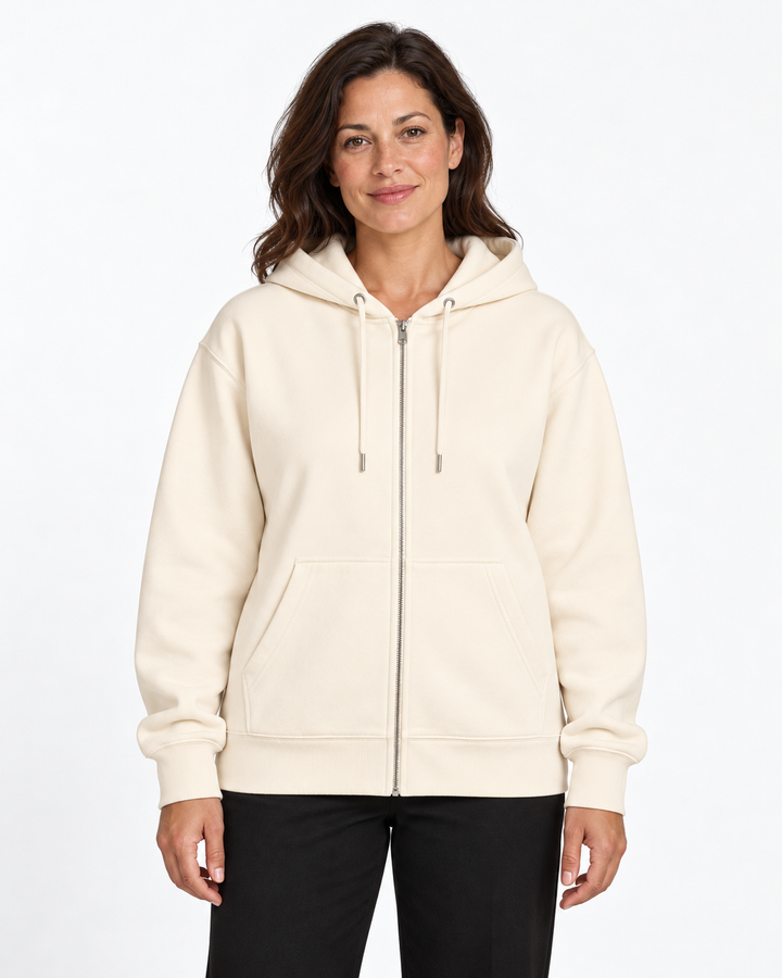 Sitztgut Damen-Sweatjacke aus Baumwolle mit Kapuze – Natur – Damenmodel, Hauptbild