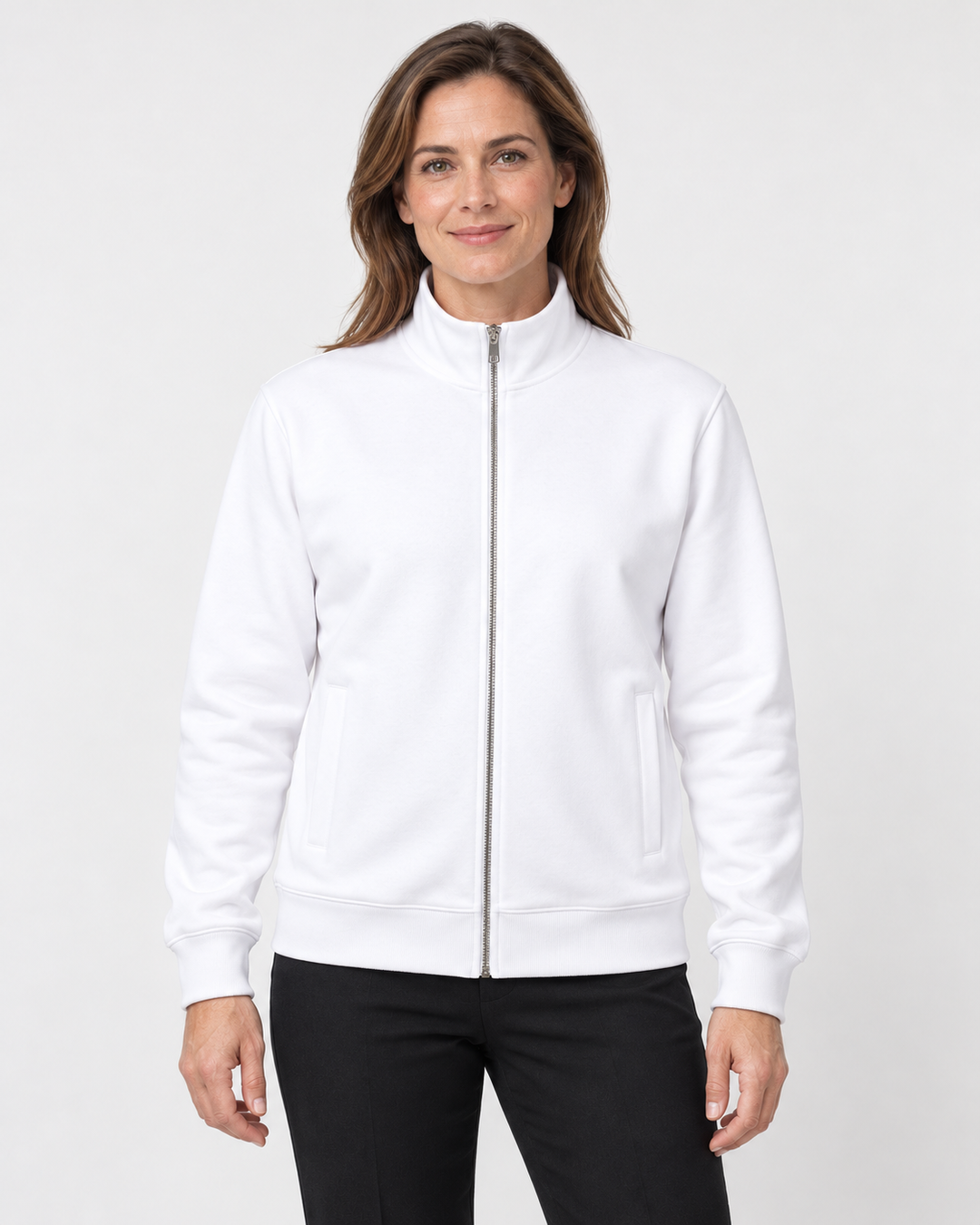 Sitztgut Damen-Sweatshirt mit Stehkragen und Halbzip – Weiß – Damenmodel, Hauptbild