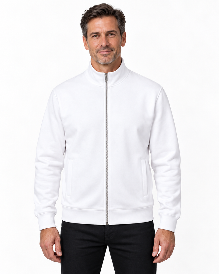 Sitztgut Herren-Sweatshirt mit Stehkragen und Halbzip – Weiß – Herrenmodel, Hauptbild