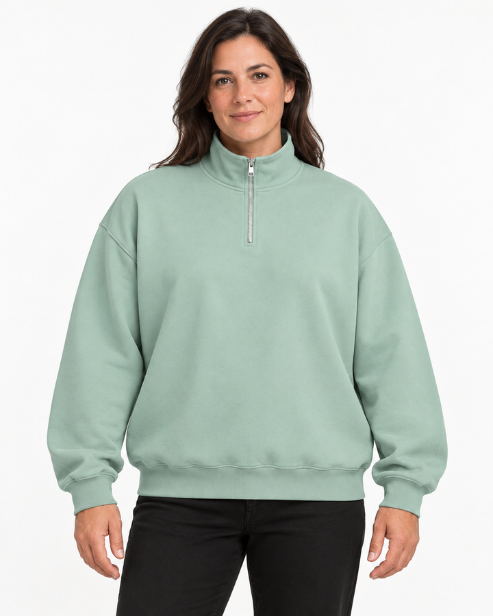 Sitztgut Damen-Sweatshirt mit Viertelreißverschluss, 400 g/m² – Aloe – Damenmodel, Hauptbild