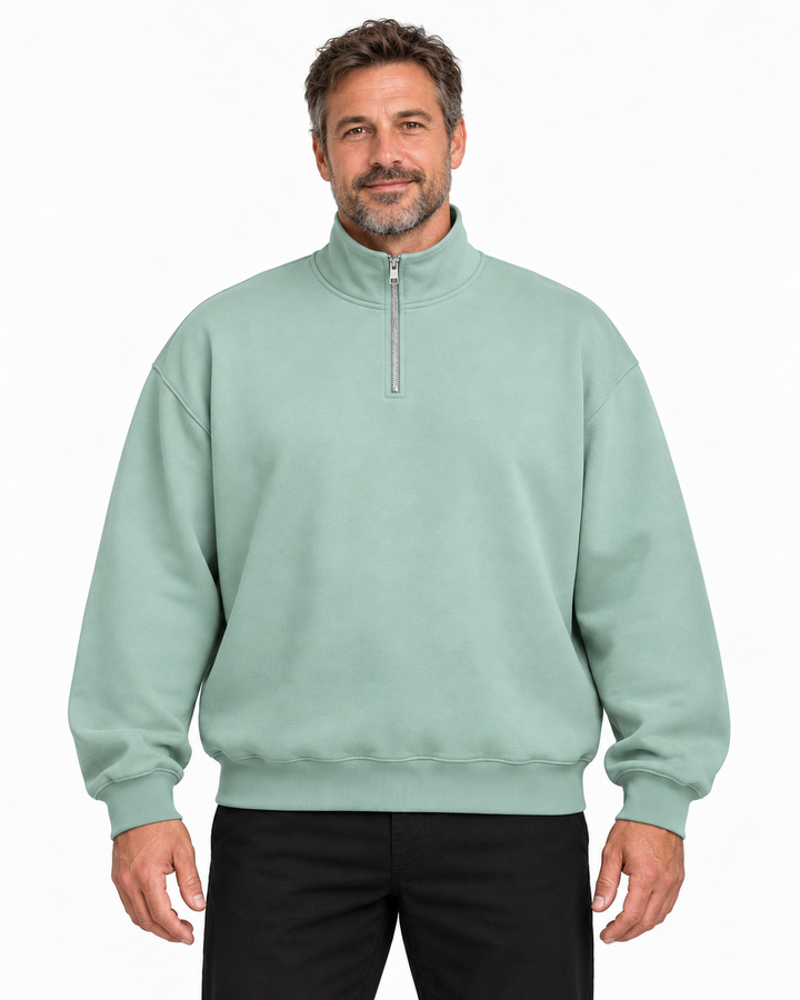 Sitztgut Herren-Sweatshirt mit Viertelreißverschluss, 400 g/m² – Aloe – Herrenmodel, Hauptbild