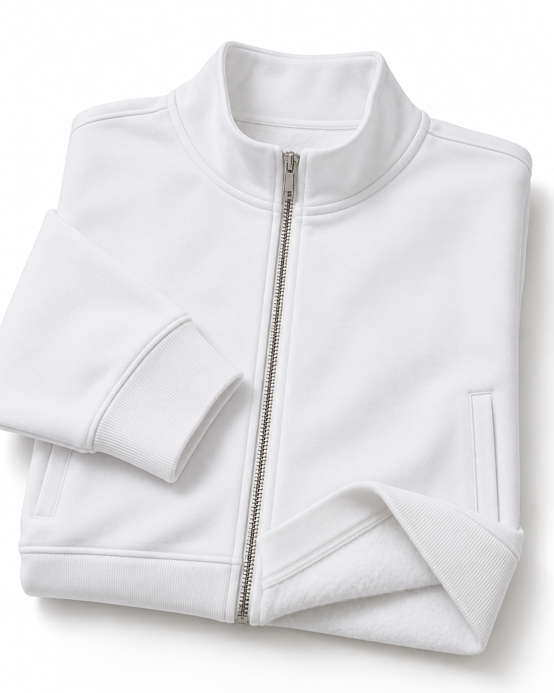 Sitztgut Unisex-Sweatshirt mit Stehkragen und Halbzip – Weiß – Materialdetail
