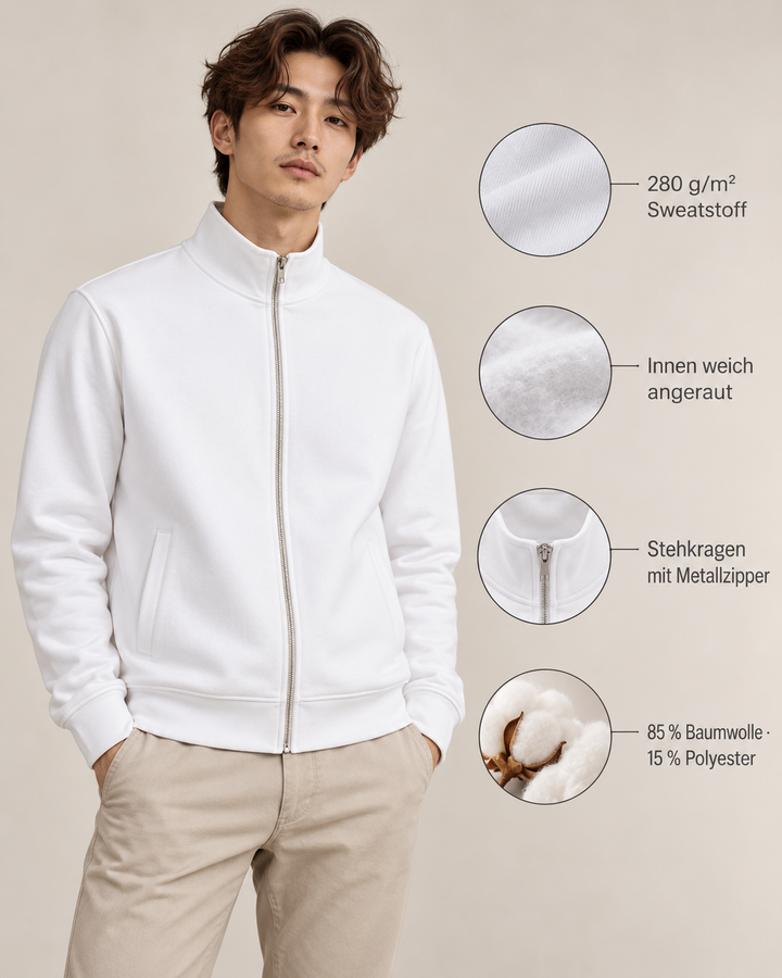 Sitztgut Unisex-Sweatshirt mit Stehkragen und Halbzip – Weiß – Produktdetails