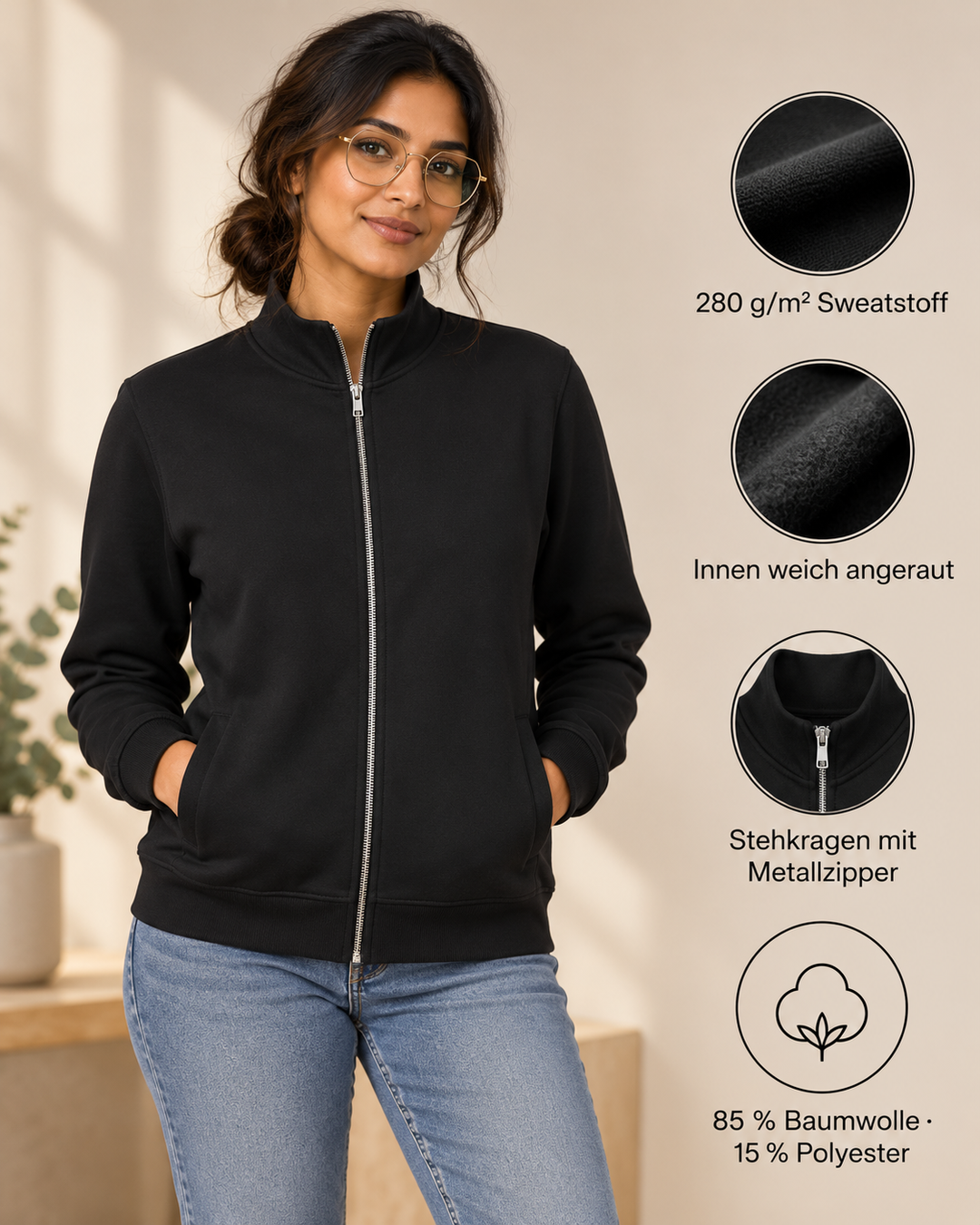 Sitztgut Unisex-Sweatshirt mit Stehkragen und Halbzip – Schwarz – Produktdetails