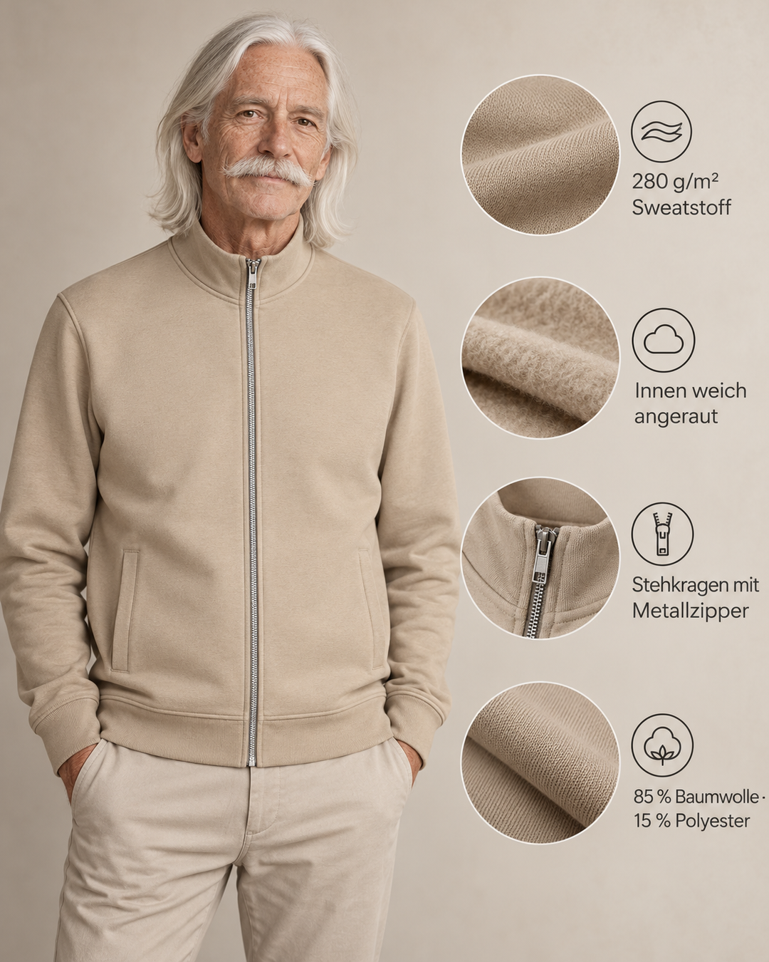 Sitztgut Unisex-Sweatshirt mit Stehkragen und Halbzip – Desert Dust – Produktdetails