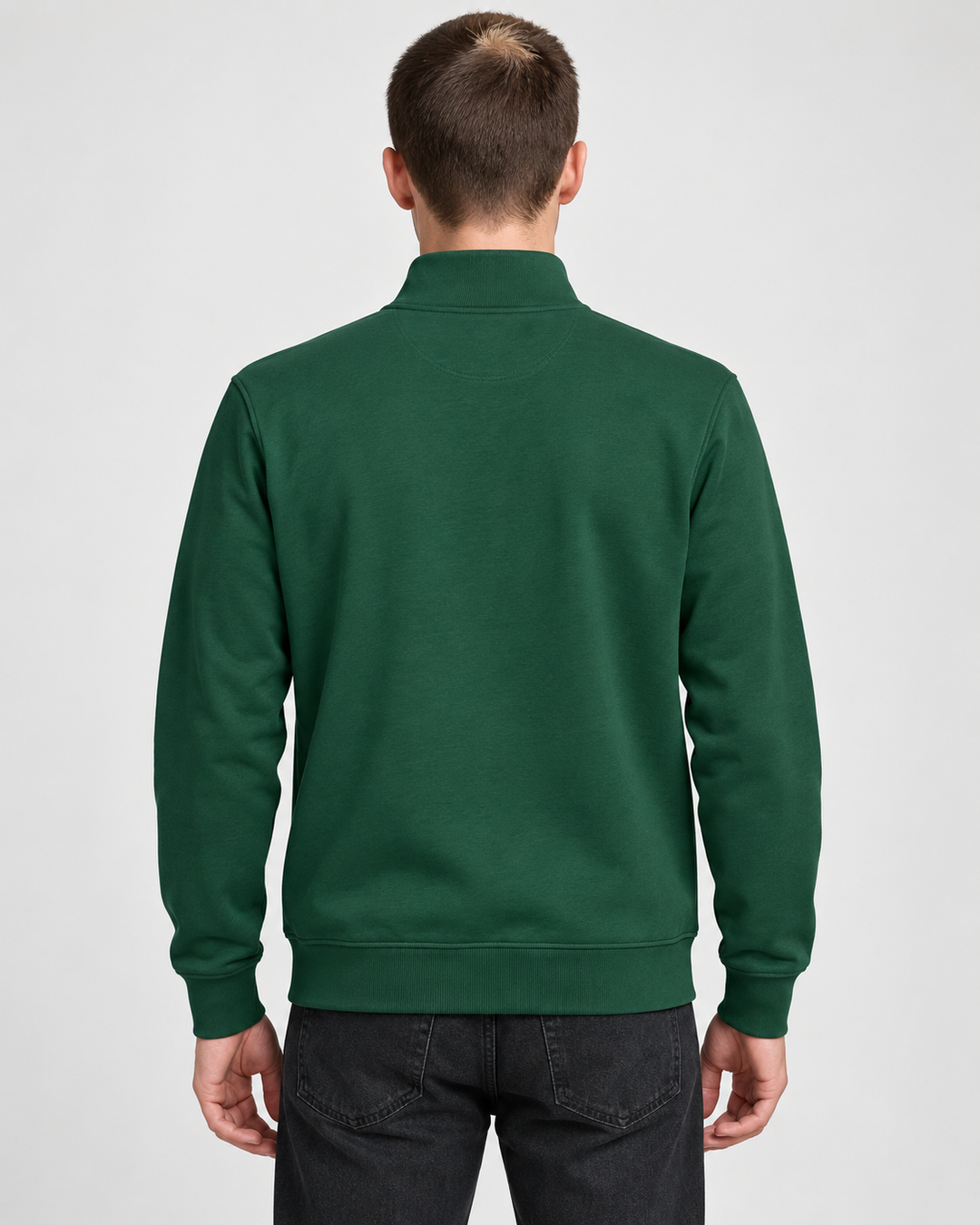 Sitztgut Unisex-Sweatshirt mit Stehkragen und Halbzip – Bottle Green – Rückenansicht