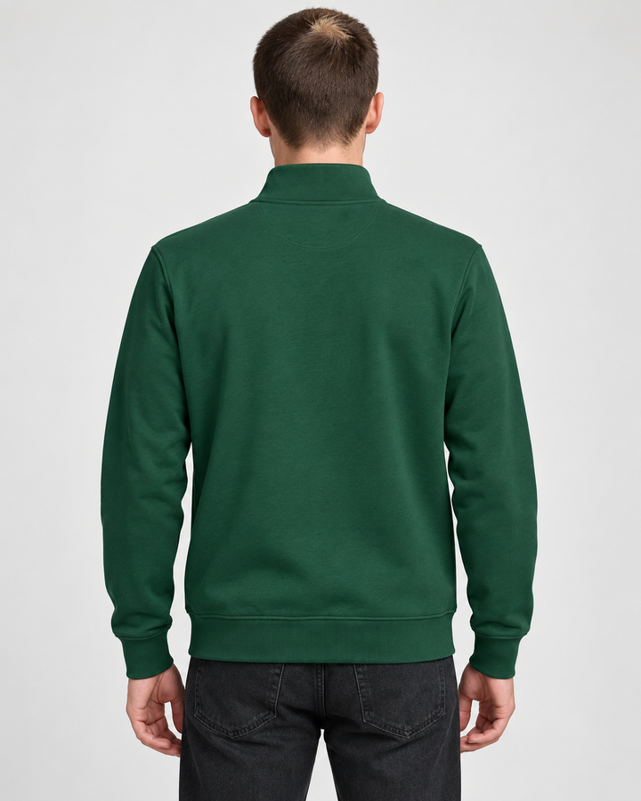 Sitztgut Unisex-Sweatshirt mit Stehkragen und Halbzip – Bottle Green – Rückenansicht