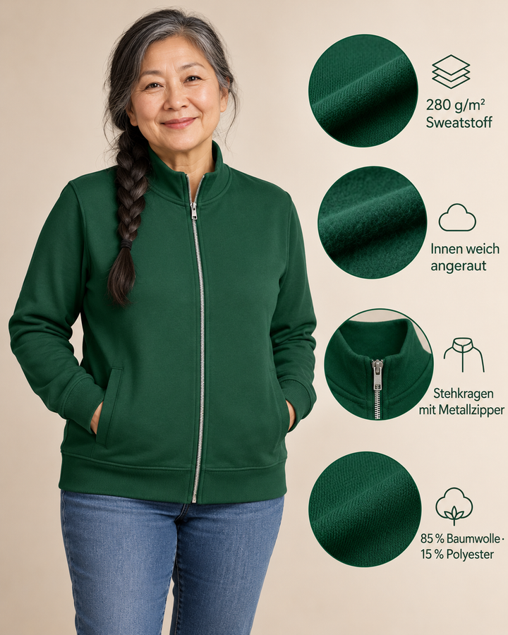 Sitztgut Unisex-Sweatshirt mit Stehkragen und Halbzip – Bottle Green – Produktdetails