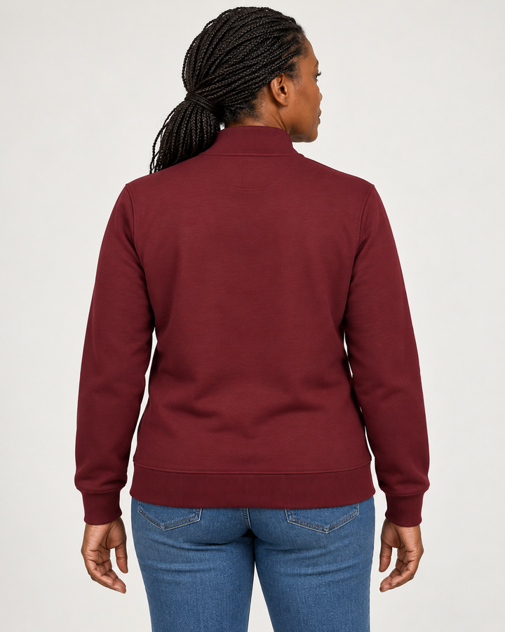 Sitztgut Unisex-Sweatshirt mit Stehkragen und Halbzip – Burgundy – Rückenansicht