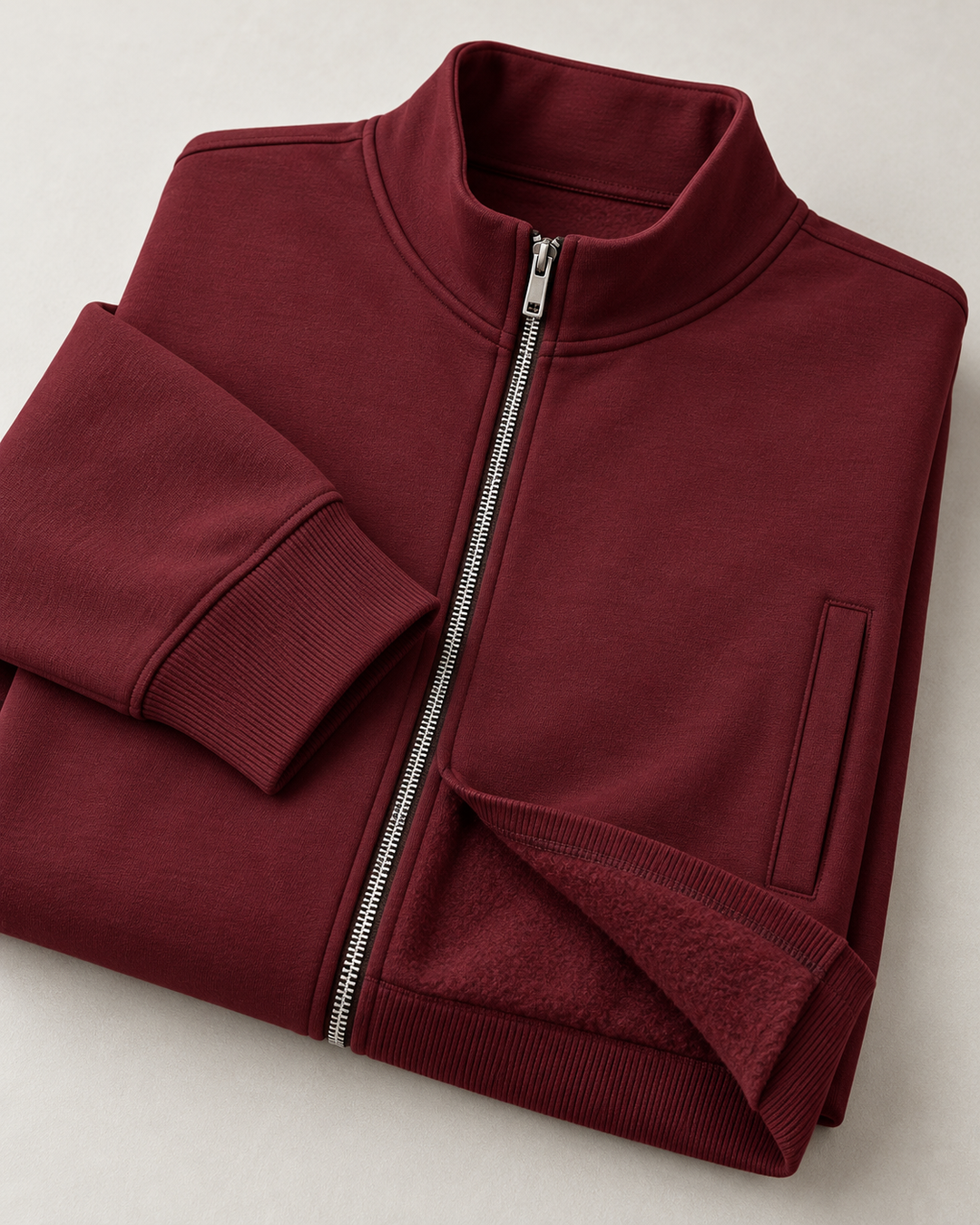 Sitztgut Unisex-Sweatshirt mit Stehkragen und Halbzip – Burgundy – Materialdetail