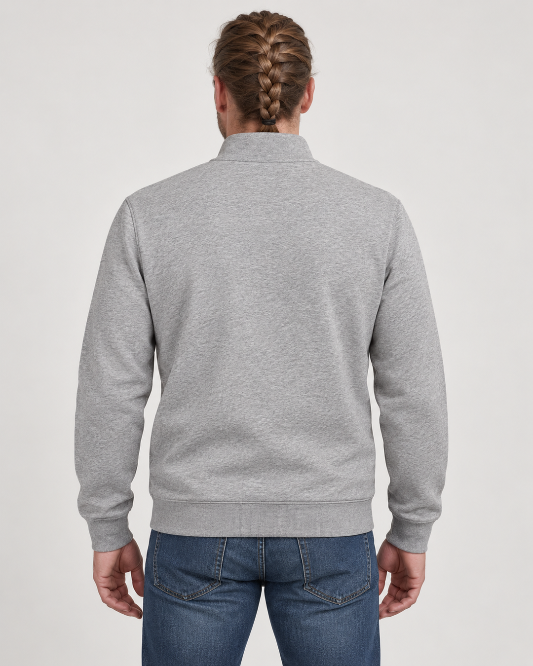 Sitztgut Unisex-Sweatshirt mit Stehkragen und Halbzip – Grau meliert (Heather Grey) – Rückenansicht