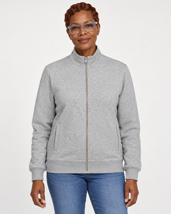 Sitztgut Unisex-Sweatshirt mit Stehkragen und Halbzip – Grau meliert (Heather Grey) – Vorderansicht