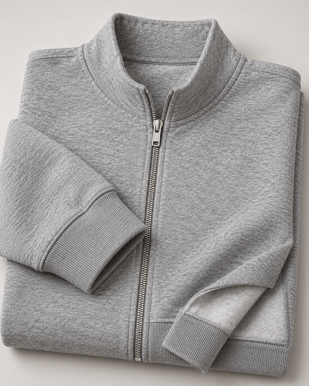 Sitztgut Unisex-Sweatshirt mit Stehkragen und Halbzip – Grau meliert (Heather Grey) – Materialdetail