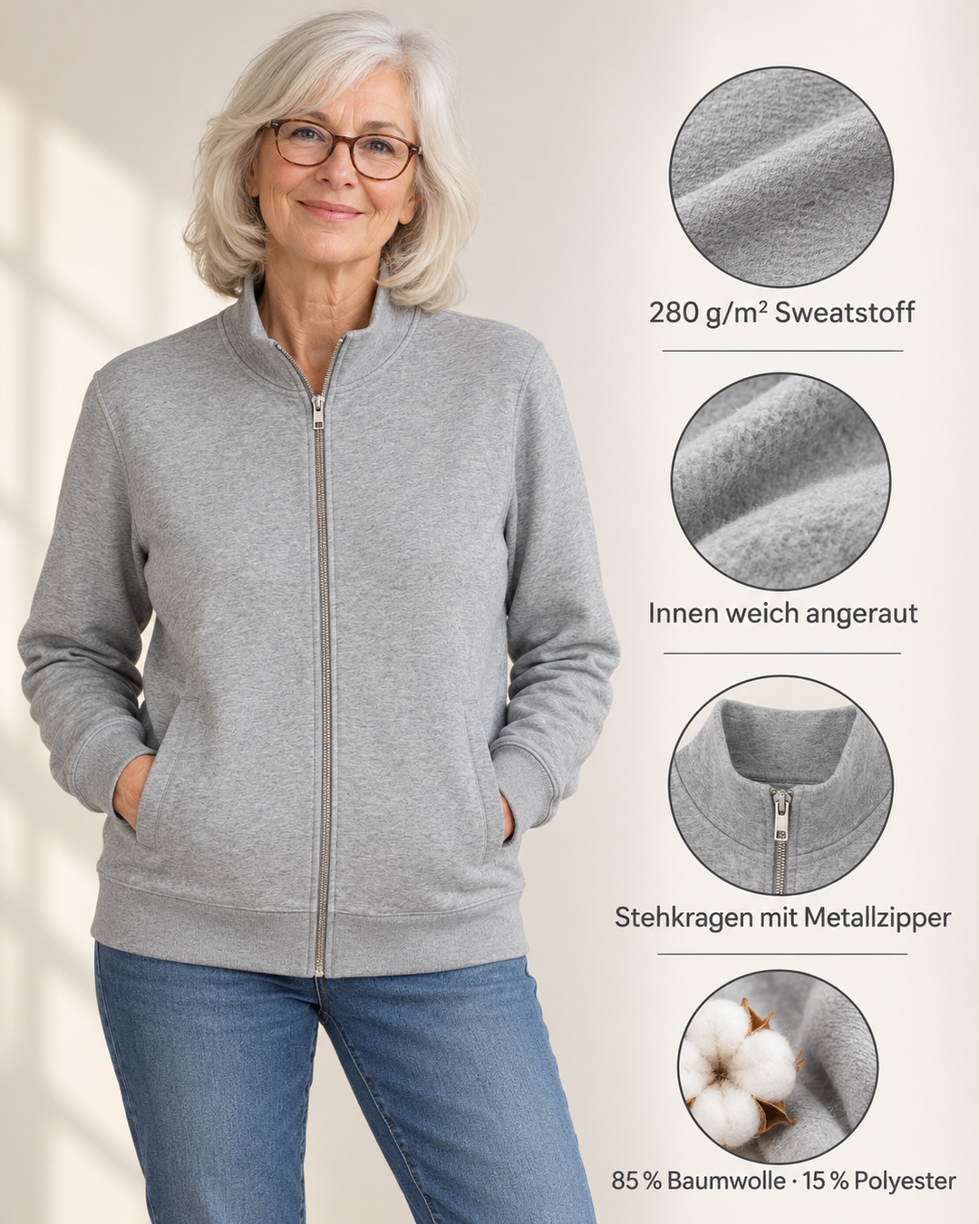 Sitztgut Unisex-Sweatshirt mit Stehkragen und Halbzip – Grau meliert (Heather Grey) – Produktdetails