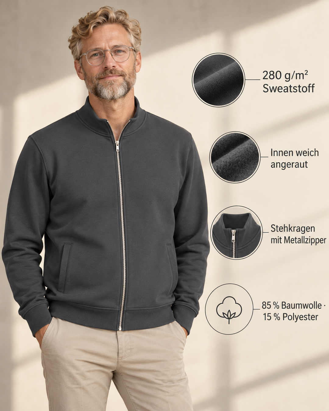 Sitztgut Unisex-Sweatshirt mit Stehkragen und Halbzip – Anthracite – Produktdetails